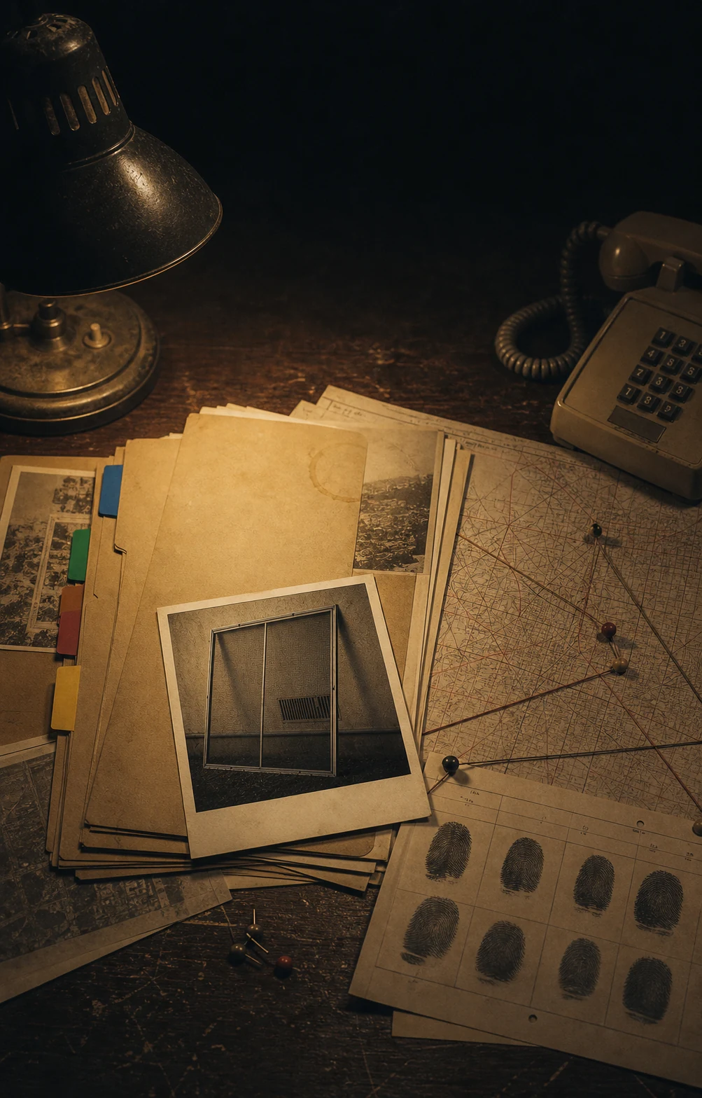 A period task-force desk with separated case files, a fingerprint card, map and window-screen photograph