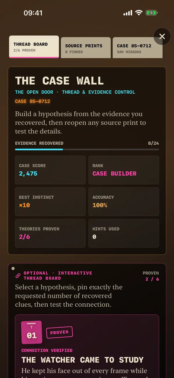 The Case Wall showing evidence recovered, case score, accuracy, Instinct, and an optional interactive thread-board theory.