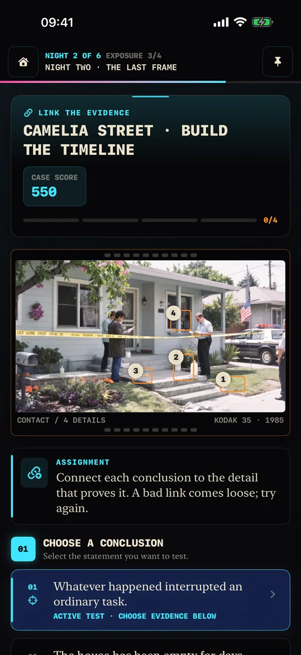 Link the Evidence screen showing a crime scene print and conclusions ready to connect to visible details.