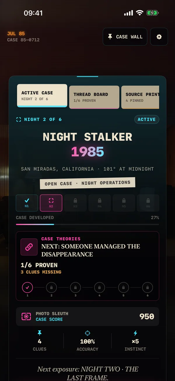Night Stalker case hub showing Night Two, progress, Case Theories, score, accuracy, and Instinct.
